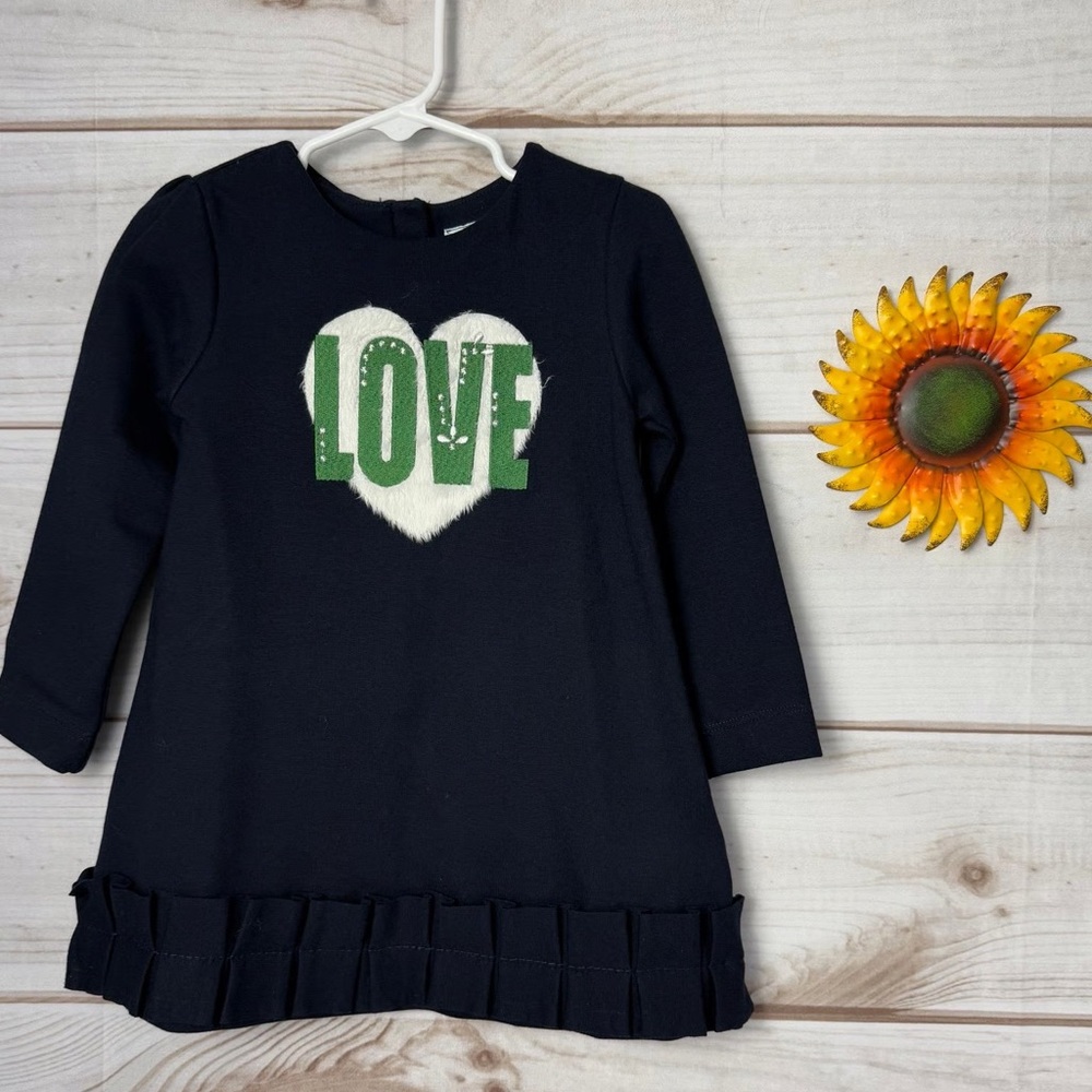 Mayoral Navy love‎ Heart Long Sleeve Ruffle Hem Girls Dress  Size 2